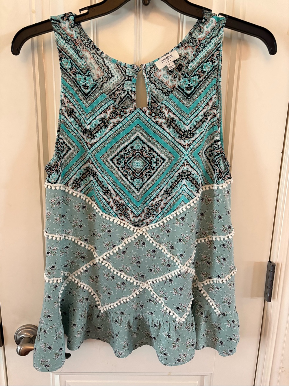 Umgee Aqua Blue Patterned Pom-Trim Sleeveless Camisole